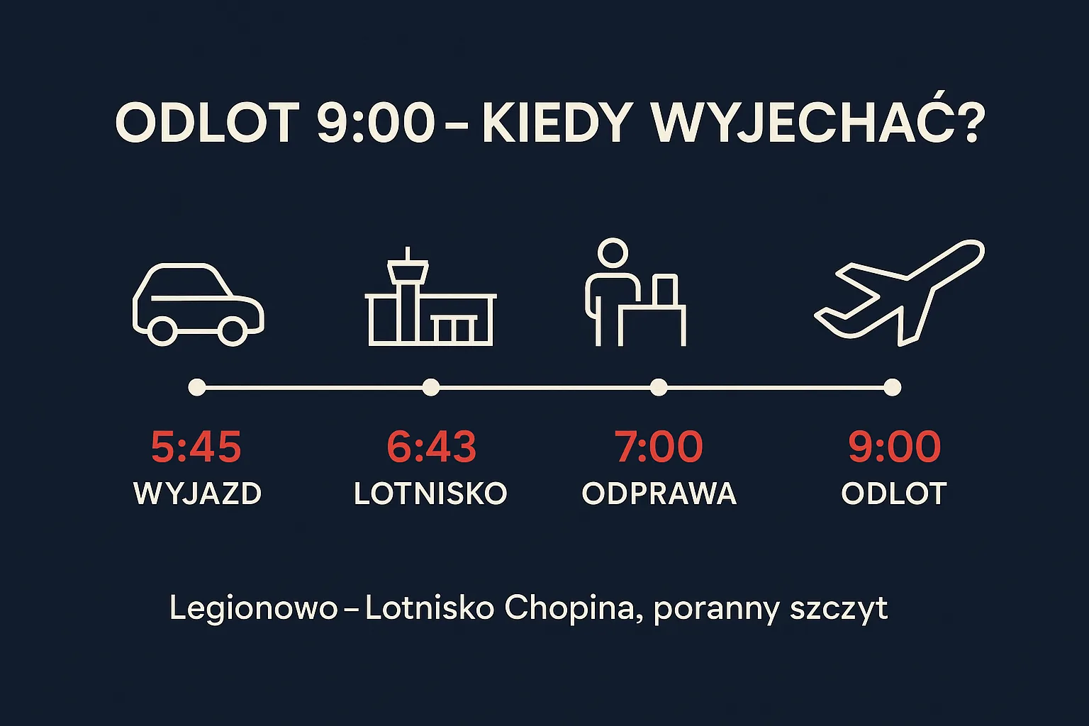 Oś czasu planowania wyjazdu na lot o 9:00 z Legionowa: wyjazd 5:45, lotnisko 6:43, odprawa 7:00, odlot 9:00