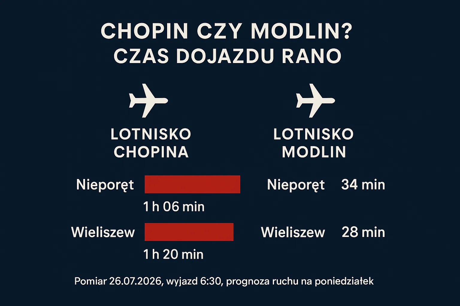 Porównanie czasu dojazdu rano: Chopin z Nieporętu 1 h 06 min i z Wieliszewa 1 h 20 min, Modlin z Nieporętu 34 min i z Wieliszewa 28 min