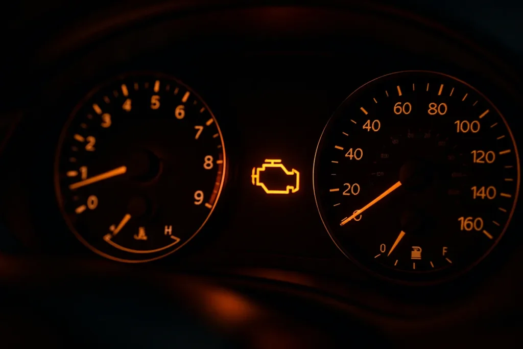 Kontrolka check engine świecąca na desce rozdzielczej samochodu