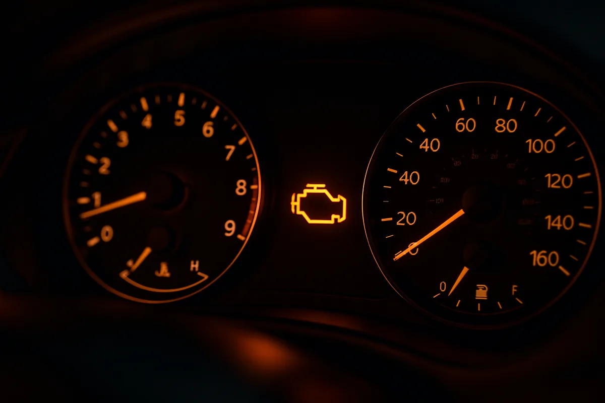 Kontrolka check engine świecąca na desce rozdzielczej samochodu