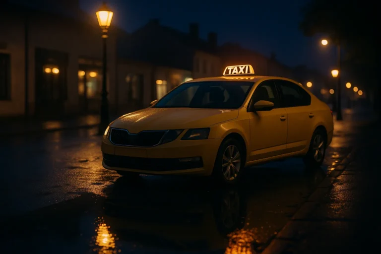 Taksówka nocą na mokrej ulicy — kurs w taryfie nocnej 22:00–6:00